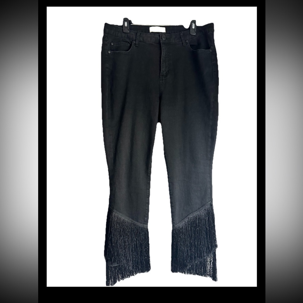 ELOQUII Women’s Black Denim Double Tiered Fringed Jeans Size 16